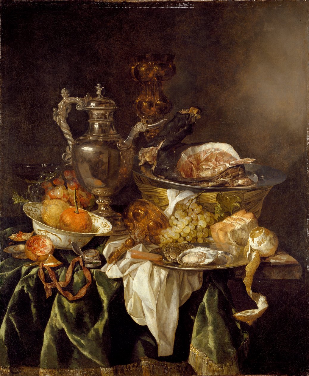 Martwa natura ze srebrnym dzbanem na wino i odbitym portretem artysty, ok. 1657 r. autorstwa Abraham van Beyeren