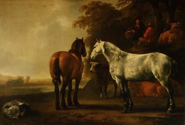 Konie i bydło w krajobrazie (panel) autorstwa Abraham van Calraet