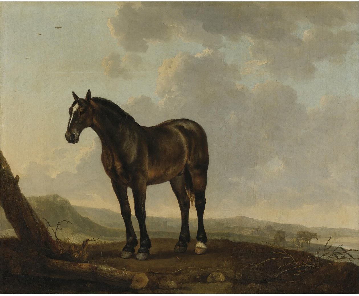 Portret brązowego konia na tle krajobrazu autorstwa Abraham van Calraet