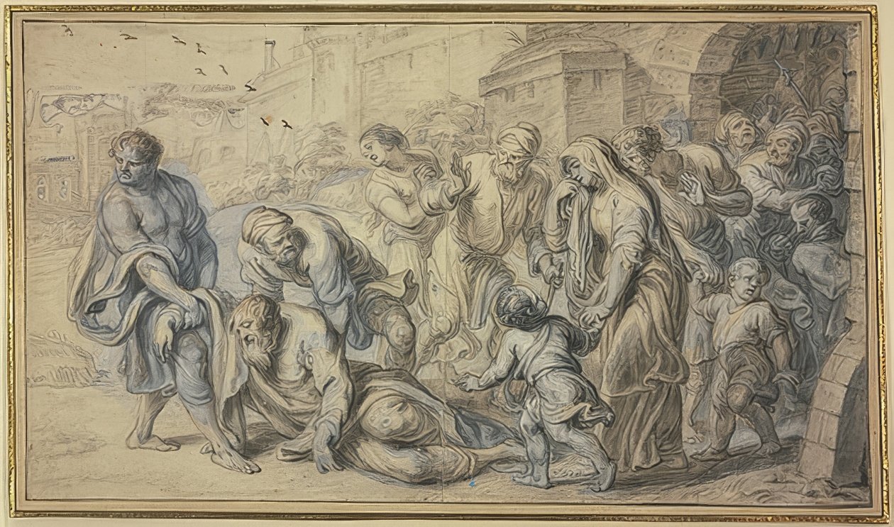 Stary człowiek jest podnoszony z ziemi przez mieszkańców przed murami miasta autorstwa Abraham van Diepenbeeck