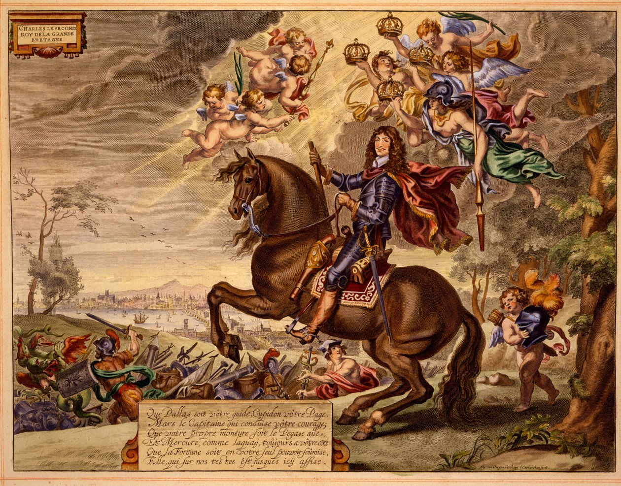 Karol II z dedykacją w języku francuskim, ze starym mostem londyńskim w tle, z The Method and New Invention of Dressing Horses Williama Cavendisha, wydanej w 1737 (2 wyd.) (akwatinta) autorstwa Abraham van Diepenbeeck
