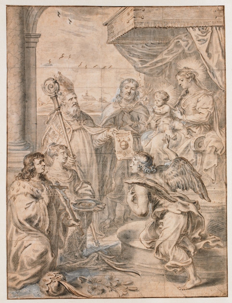 Maryja z Dzieciątkiem na tronie adorowana przez trzech świętych autorstwa Abraham van Diepenbeeck