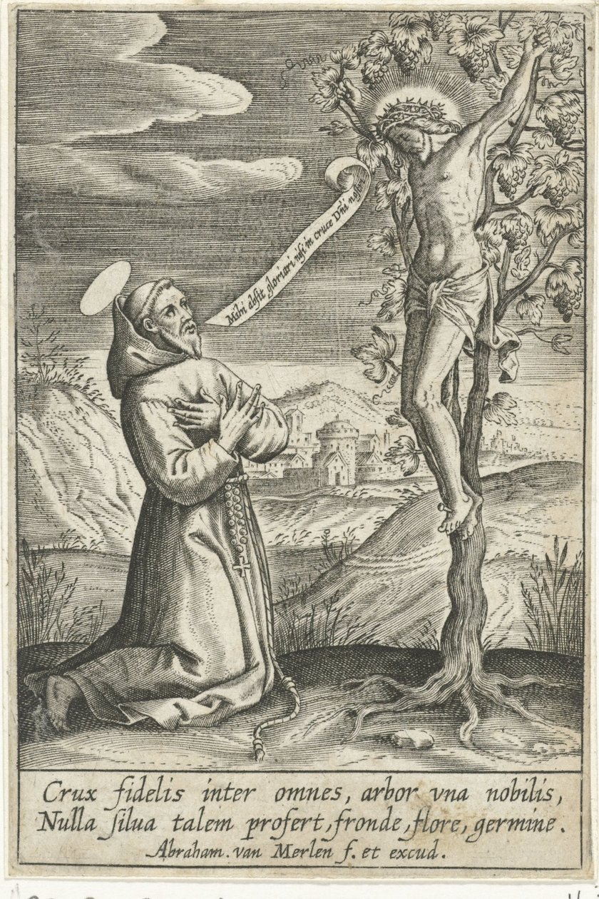 Klęczący święty przed Chrystusem na krzyżu autorstwa Abraham van Merlen