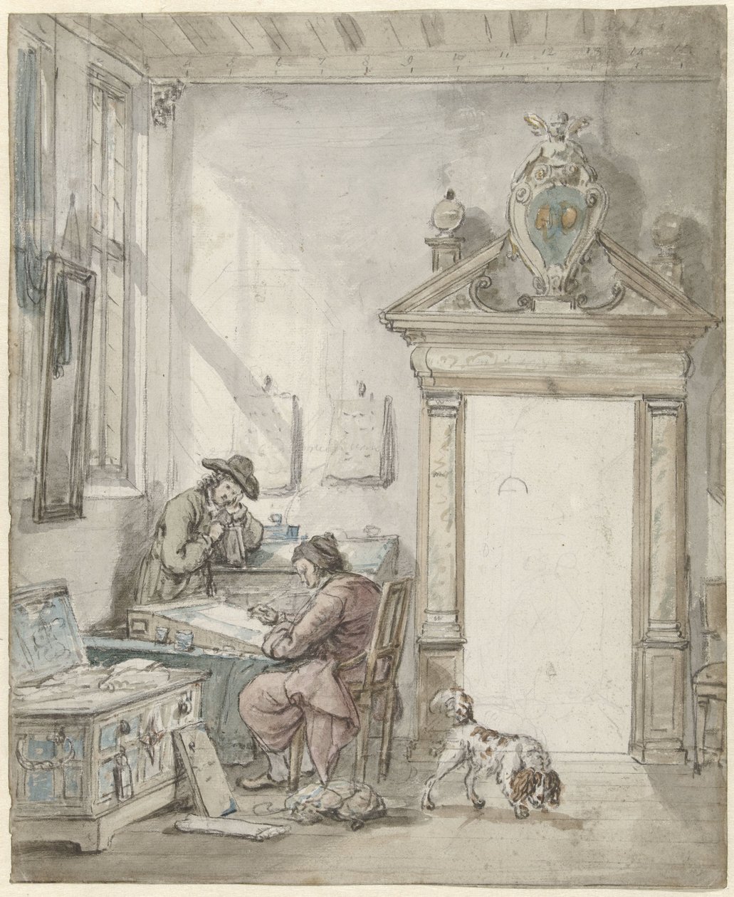 Scena wewnętrzna z piszącym mężczyzną przy biurku autorstwa Abraham van Strij (I)
