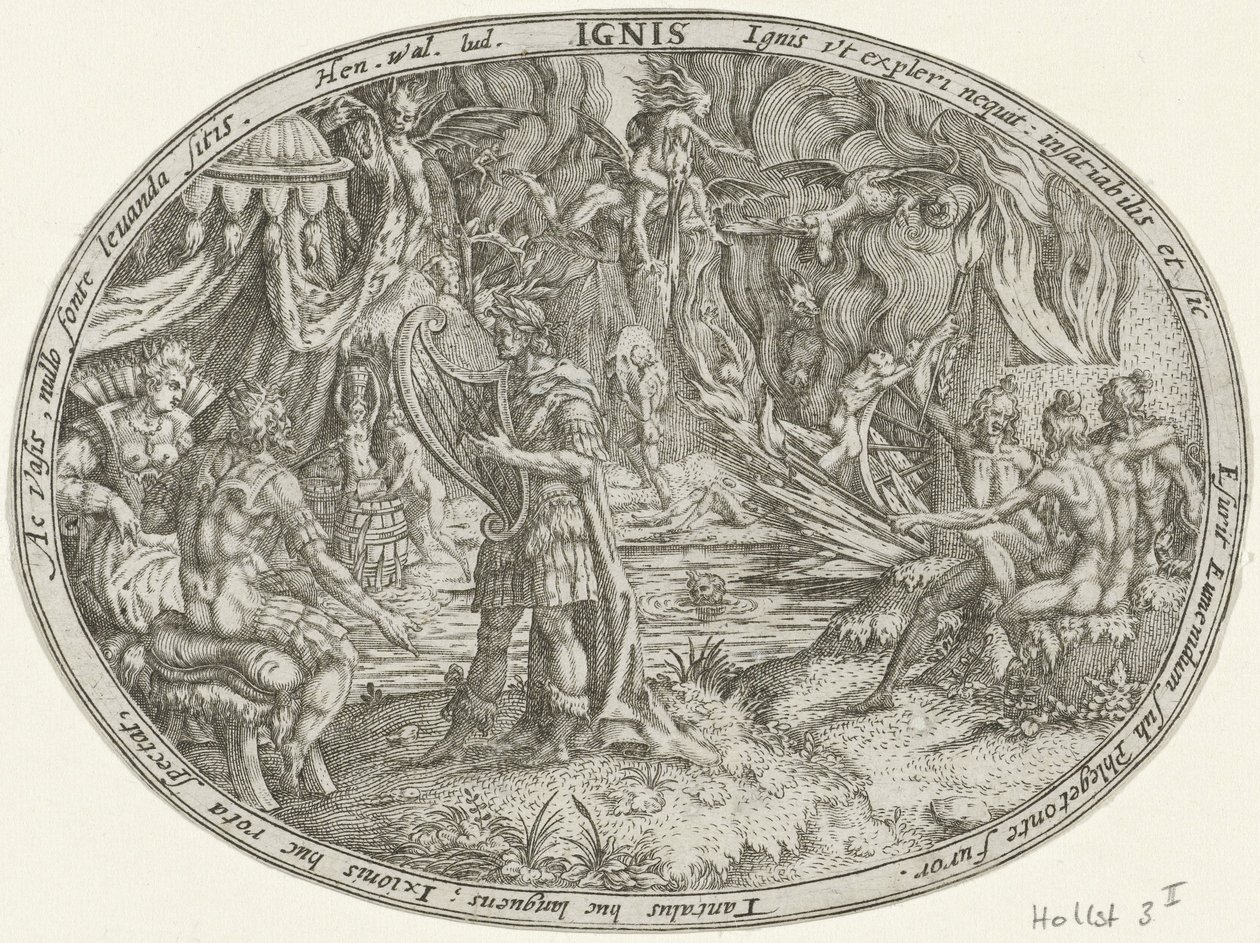 Orfeusz w Zaświatach: Żywioł Ognia Ignis (tytuł na obiekcie) Cztery żywioły (tytuł serii) autorstwa Abraham van den Hecken