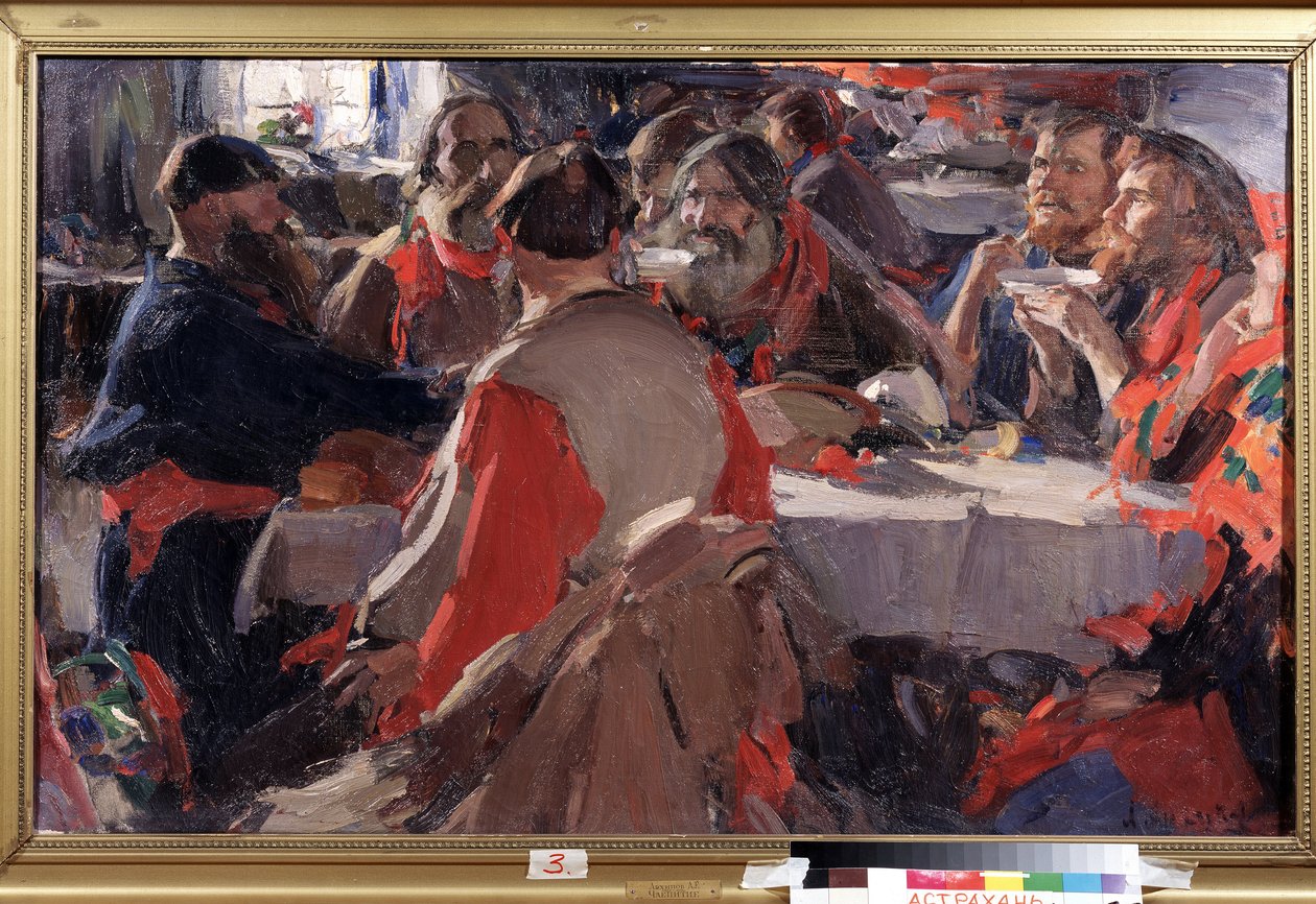 Czas na herbatę (picie herbaty). Obraz Abrama Jefimowicza Arkhipowa (1862-1930). Olej na płótnie, 79 x 31 cm. Sztuka rosyjska, koniec XIX-początek XX wieku. Państwowa Galeria Sztuki im. B. Kustodiewa, Astrachań (Rosja). autorstwa Abram Efimovich Arkhipov