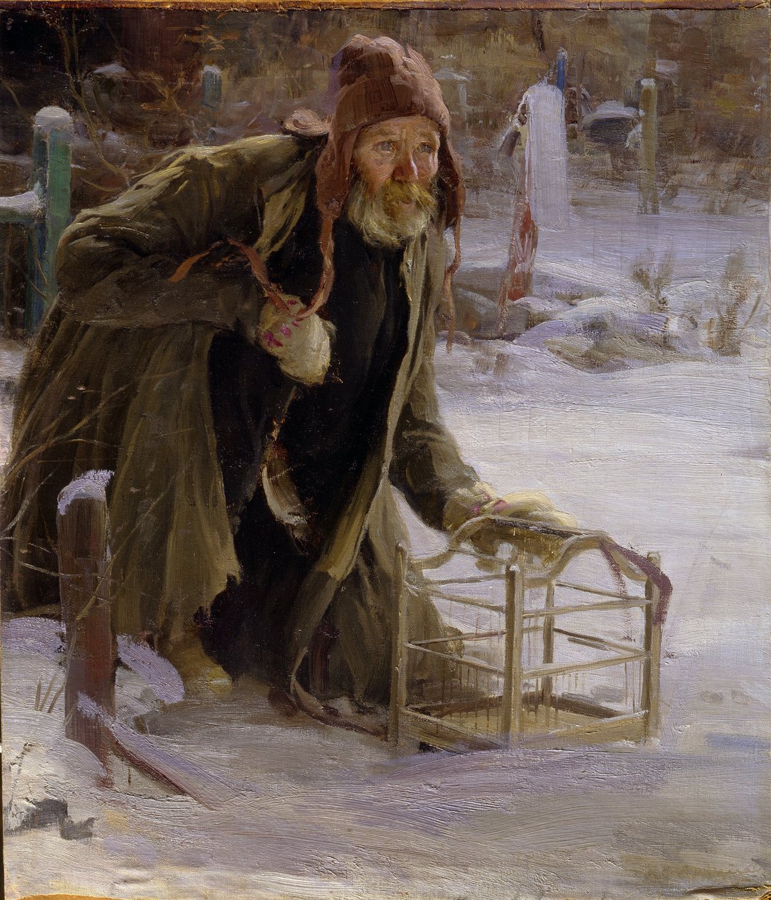 Łapacz ptaków. Nieszczęśliwie ubrany, klęczący na śniegu mężczyzna trzyma klatkę. Obraz Abrama Jefimowicza Arkhipowa (1862-1930), olej na płótnie autorstwa Abram Efimovich Arkhipov