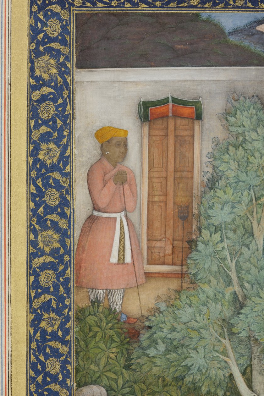 Fragment obrazu cesarza Jahangira ze świętymi ludźmi w ogrodzie, ok. 1615 (nieprzezroczysta toaleta i złoto na papierze) autorstwa Abul Hasan