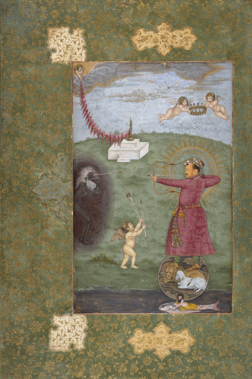Cesarz Jahangir triumfujący nad ubóstwem, ok. 1620-25 (nieprzezroczysta akwarela, złoto i tusz na papierze) autorstwa Abul Hasan