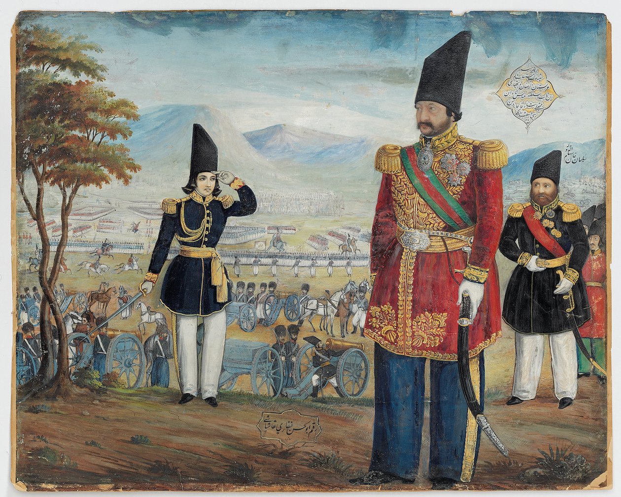 Ardeshir Mirza i Sulayman Khan Saham Al-Dowleh przeglądają swoje wojska, 1850-51 autorstwa Abul Hassan Ghaffari
