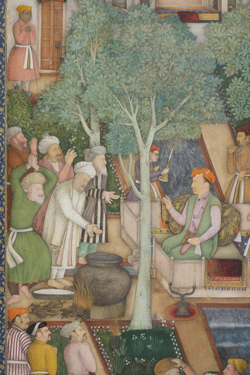 Fragment obrazu Cesarza Jahangira ze świętymi ludźmi w ogrodzie, ok. 1615 (nieprzezroczysta toaleta i złoto na papierze) autorstwa Abul Hassan Ghaffari