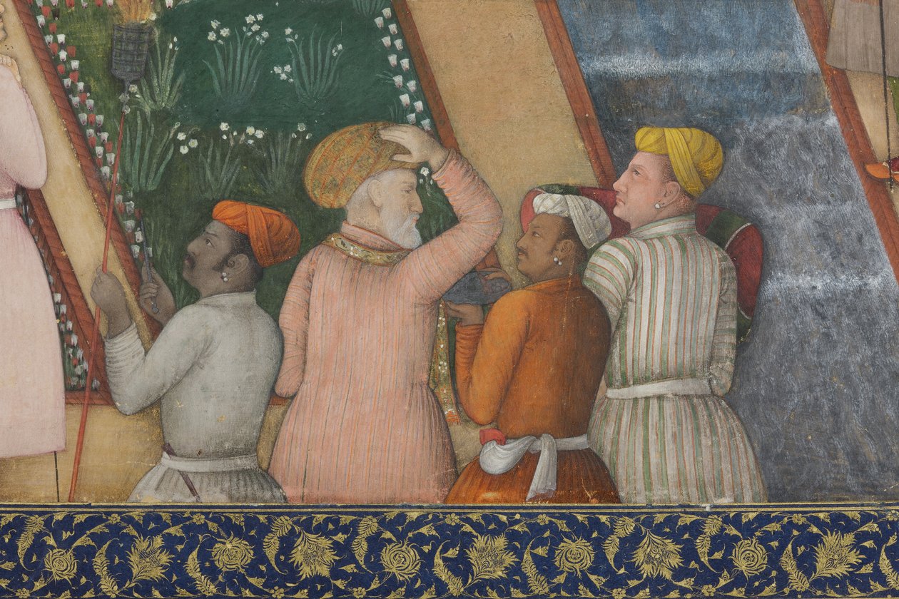 Fragment obrazu "Cesarz Dżahangir ze świętymi mężami w ogrodzie", ok. 1615 r. (nieprzezroczysty wc i złoto na papierze) autorstwa Abul Hassan Ghaffari