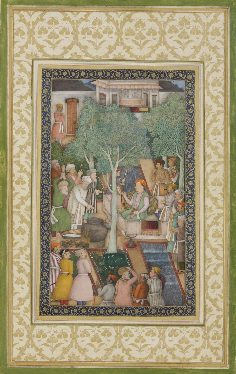 Cesarz Jahangir ze świętymi ludźmi w ogrodzie, ok. 1615 (nieprzezroczyste wc i złoto na papierze) autorstwa Abul Hassan Ghaffari