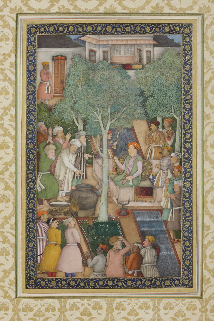 Cesarz Jahangir ze świętymi ludźmi w ogrodzie, ok. 1615 (nieprzezroczyste wc i złoto na papierze) autorstwa Abul Hassan Ghaffari
