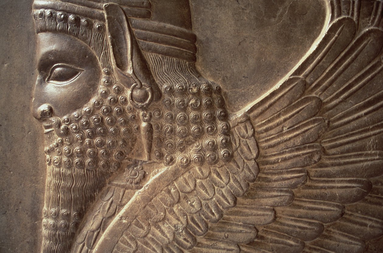 Skrzydlaty mężczyzna z ciałem lwa, fragment płaskorzeźby z północnej klatki schodowej z Tripylon, kamień ok. 470 p.n.e. autorstwa Achaemenid