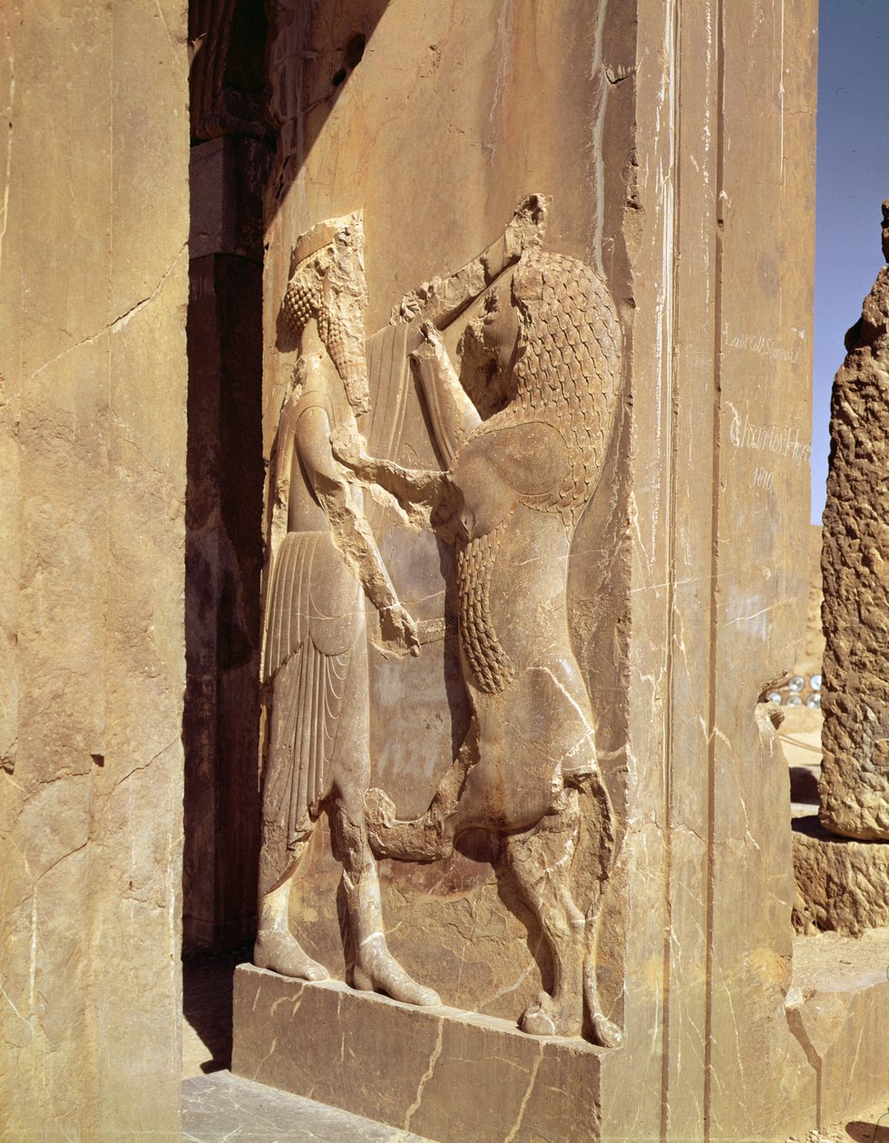Dariusz walczący z lwem, fragment od zachodniego wejścia do Pałacu Dariusza Wielkiego autorstwa Achaemenid