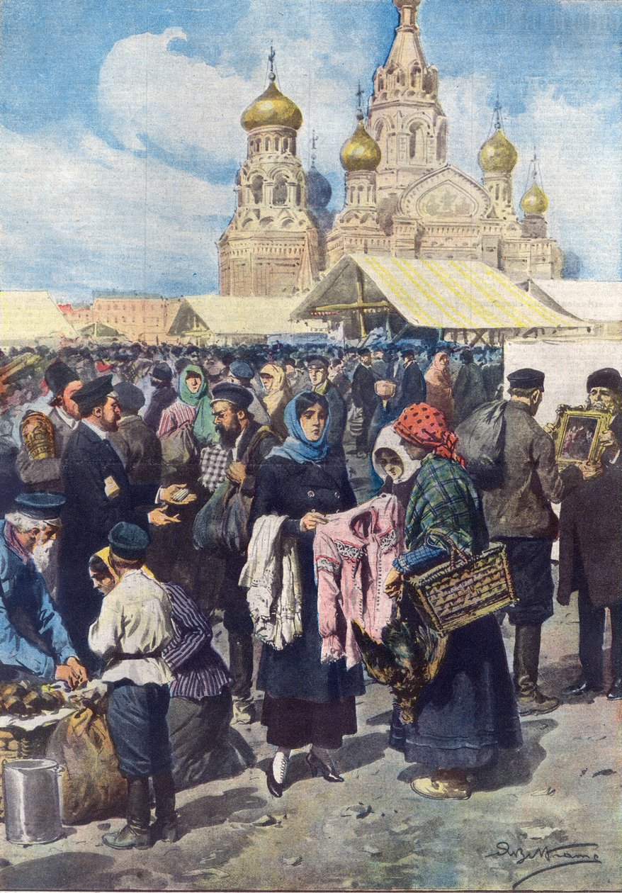 Handel wymienny w Rosji po upadku waluty po rewolucji rosyjskiej, ilustracja z „La Domenica del Corriere”, 1 czerwca 1919 autorstwa Achille Beltrame