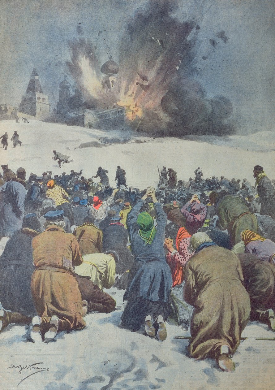 Zburzenie dawnego kościoła klasztornego przez Sowietów i towarzyszące mu lamenty wiernych, ilustracja z „Corriere della Sera”, 9.02.1930 autorstwa Achille Beltrame