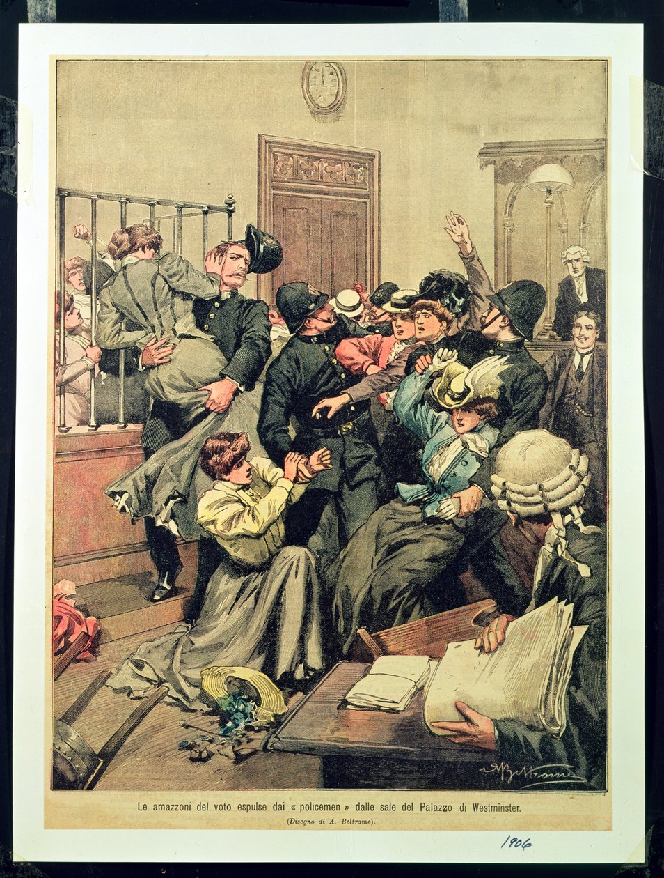 Policjanci wypędzający sufrażystki z pokoju w Pałacu Westminsterskim, 1906 r. autorstwa Achille Beltrame
