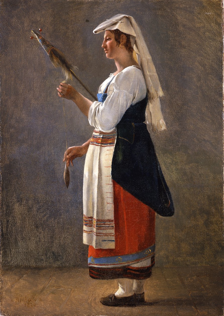 Jedno z pary włoskich studiów: Włoski chłop przędzący, 1820 (olej na papierze położony na płótnie) autorstwa Achille Etna Michallon