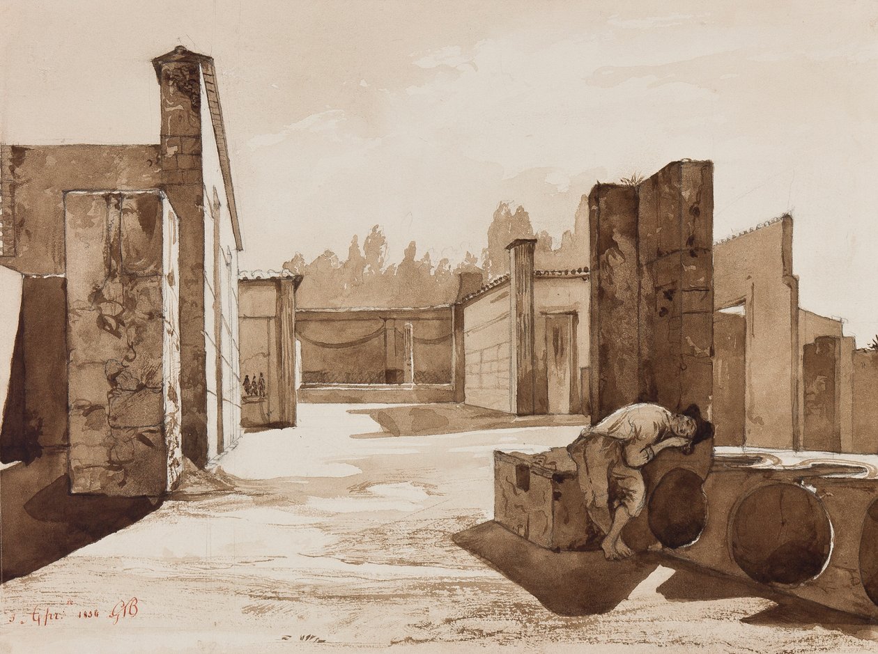 Widok pompejański, z uzupełnieniami księcia Gaetano Marii Federico di Borbone (1846-1871), 1854 (ołówek i sepia rozmycia na papierze) autorstwa Achille Vianelli