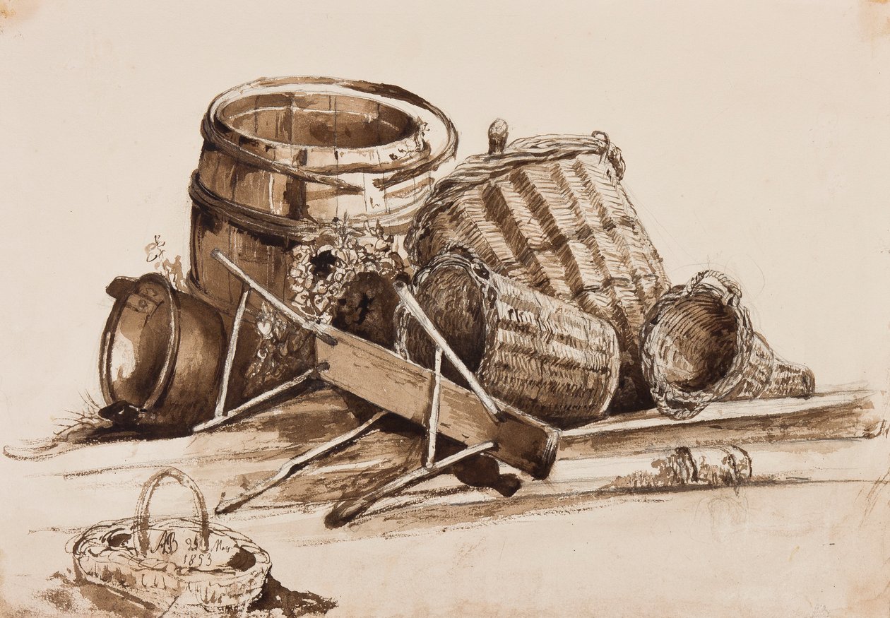 Kosze, beczki i ławka, z dodatkami księcia Alfonsa Marii di Borbone (1841-1934), 1853 (ołówek i sepia myje na papierze) autorstwa Achille Vianelli