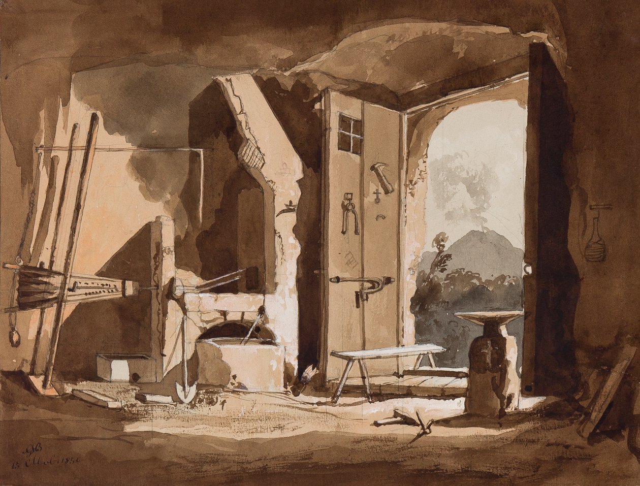 Wnętrze kuźni, z uzupełnieniami autorstwa księcia Gaetano Maria Federico di Borbone (1846-1871), 1854 (ołówek i rozmycia w sepii na papierze) autorstwa Achille Vianelli