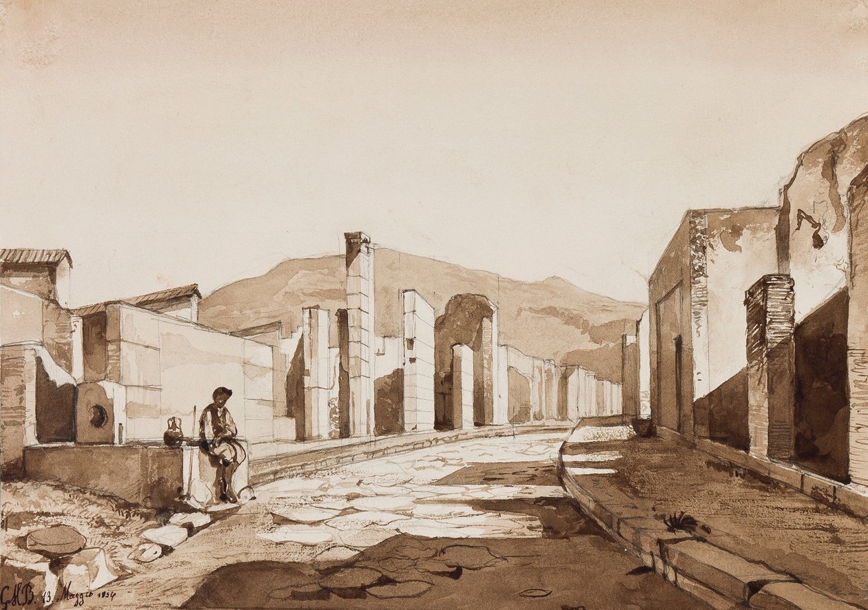Pompeje, z uzupełnieniami księcia Gaetano Marii Federico di Borbone (1846-1871), 1854 (ołówek i sepia na papierze) autorstwa Achille Vianelli