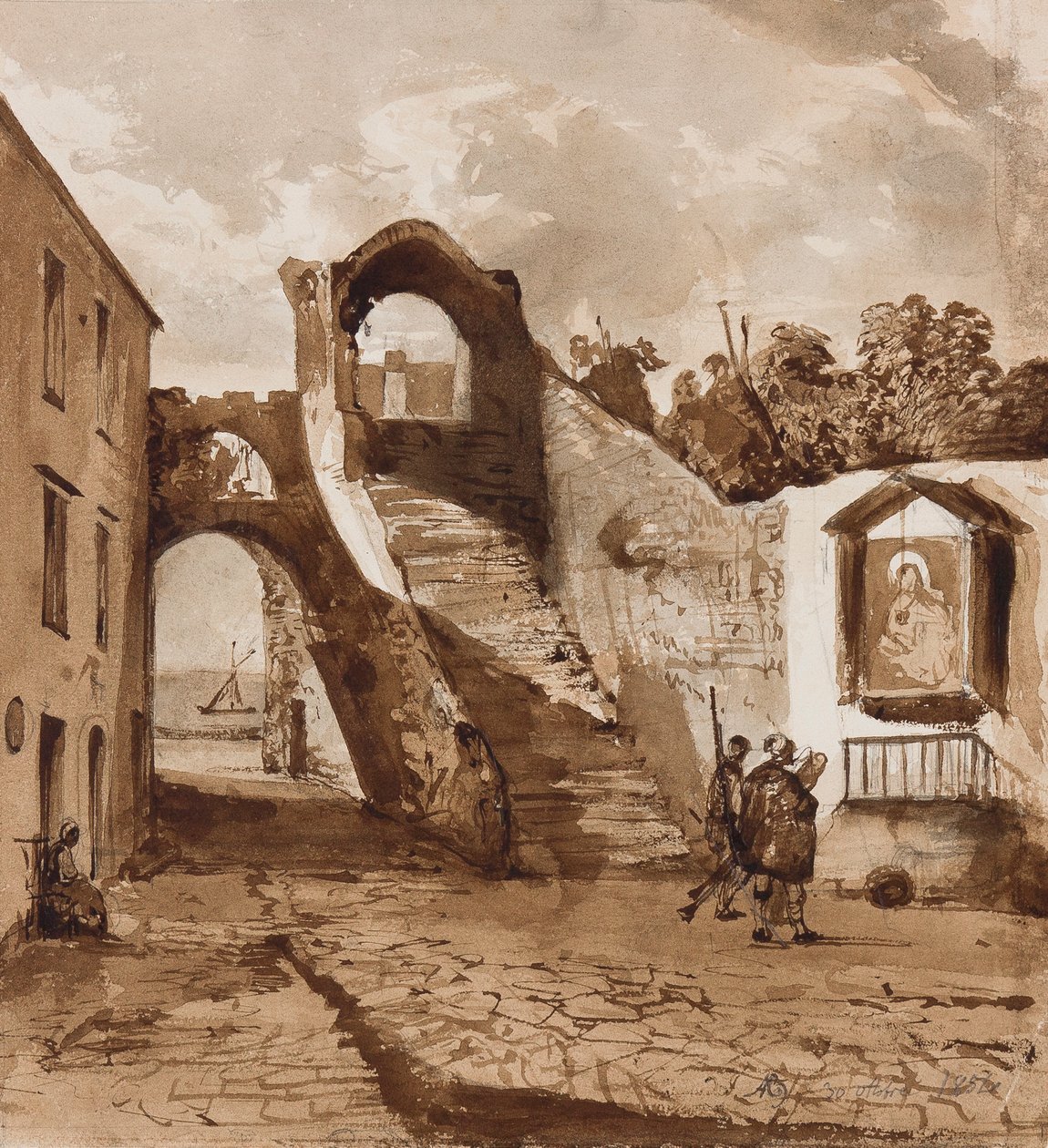 Kapliczka w murach neapolitańskiej wioski, z uzupełnieniami księcia Alfonsa Marii di Borbone (1841-1934), 30 października 1854 (ołówek i sepia na papierze) autorstwa Achille Vianelli