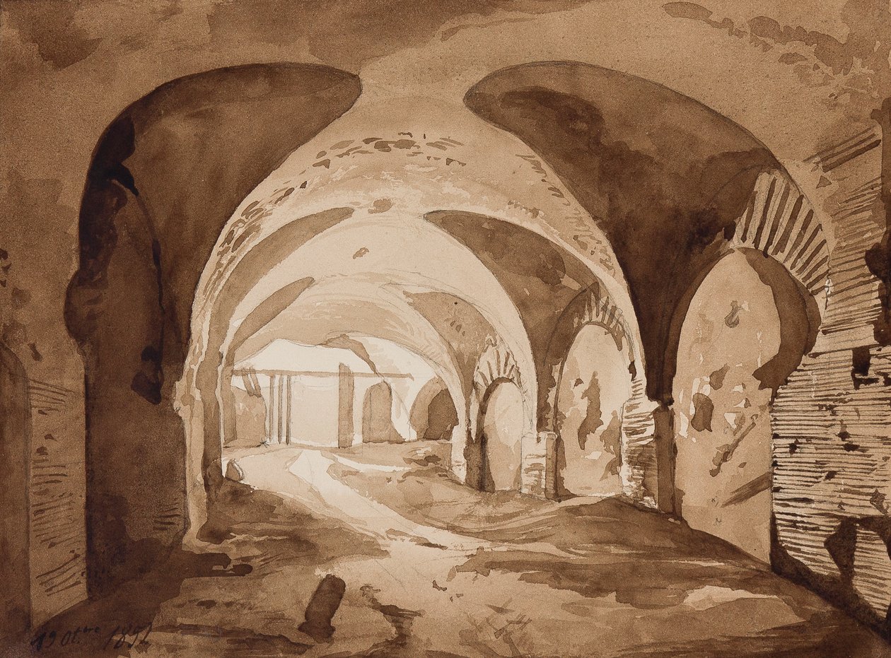 Obejście prowadzące do Amfiteatru w Pozzuoli, z uzupełnieniami księcia Alfonsa Marii di Borbone (1841-1934), 19 października 1852 (ołówek i sepia na papierze) autorstwa Achille Vianelli