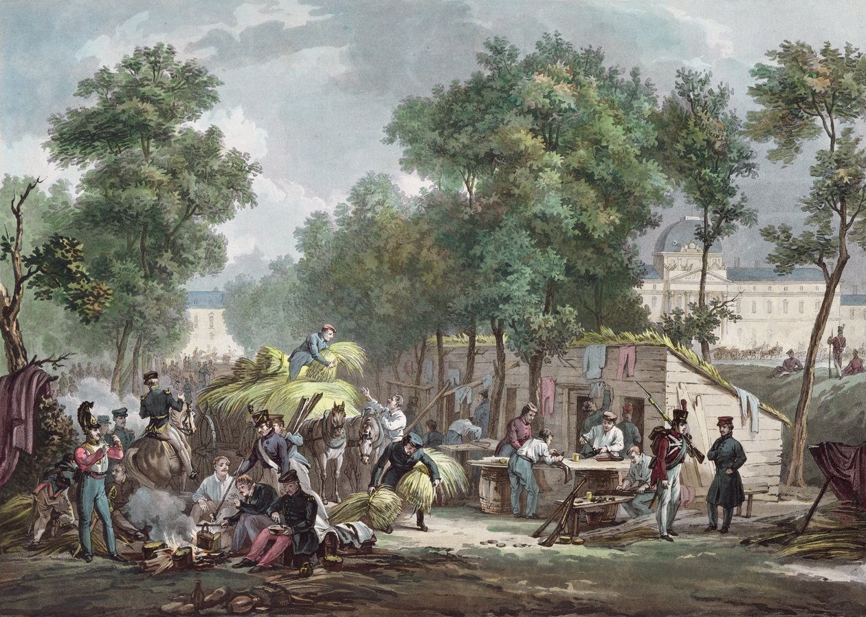 Żołnierze pruscy biwakujący na Polach Marsowych w Paryżu w 1871 r., rycina Jazeta autorstwa Achille Louis Martinet