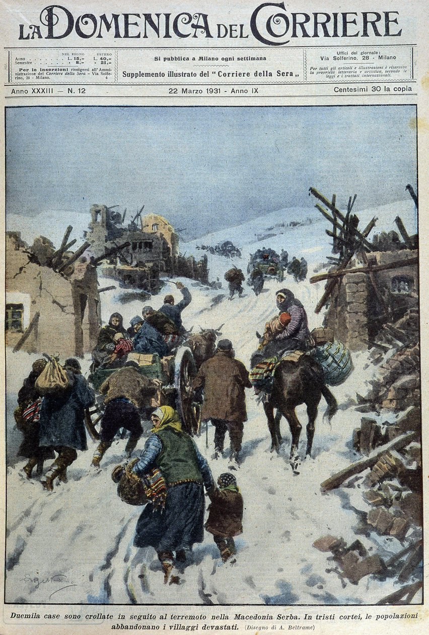 2000 domów runęło po trzęsieniu ziemi w serbskiej Macedonii: smutny exodus ludności opuszczającej zdewastowane wioski - dess. de A. Beltrame w „” la Domenica del Corriere”” z dnia 22.03.1931 r. autorstwa Achille Beltrame