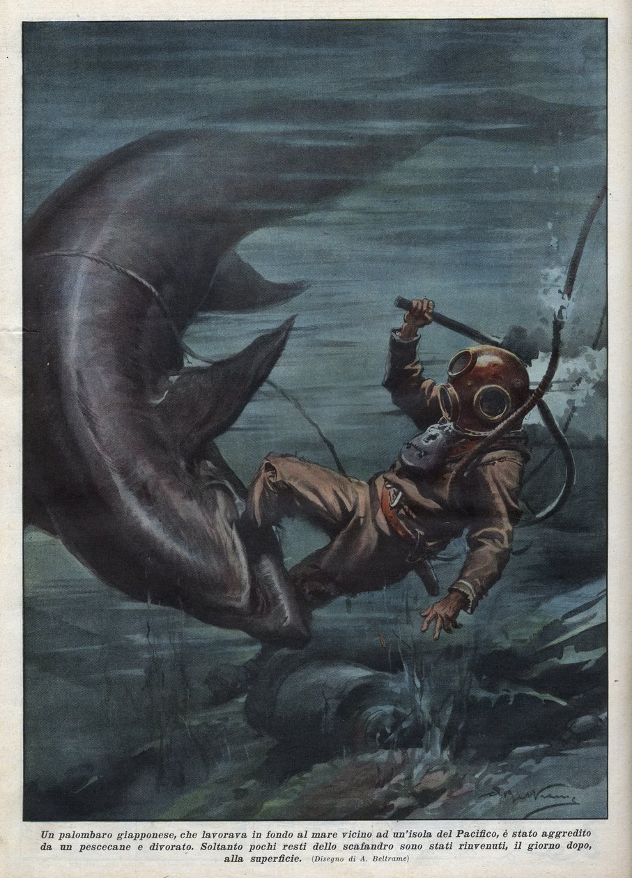 Japoński nurek ze scaphandlerem został pożarty przez rekina na Pacyfiku. Ilustracja Achille Beltrame z „La domenica del corriere” z 08.08.1937. autorstwa Achille Beltrame