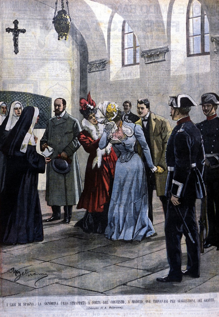 W Madrycie młoda kobieta, Mademoiselle Ubao, zostaje wyrwana z życia zakonnicy w klasztorze, w którym była za namową jezuitów. Ilustracja autorstwa Beltrame. Domenica del Corriere. 1901. autorstwa Achille Beltrame