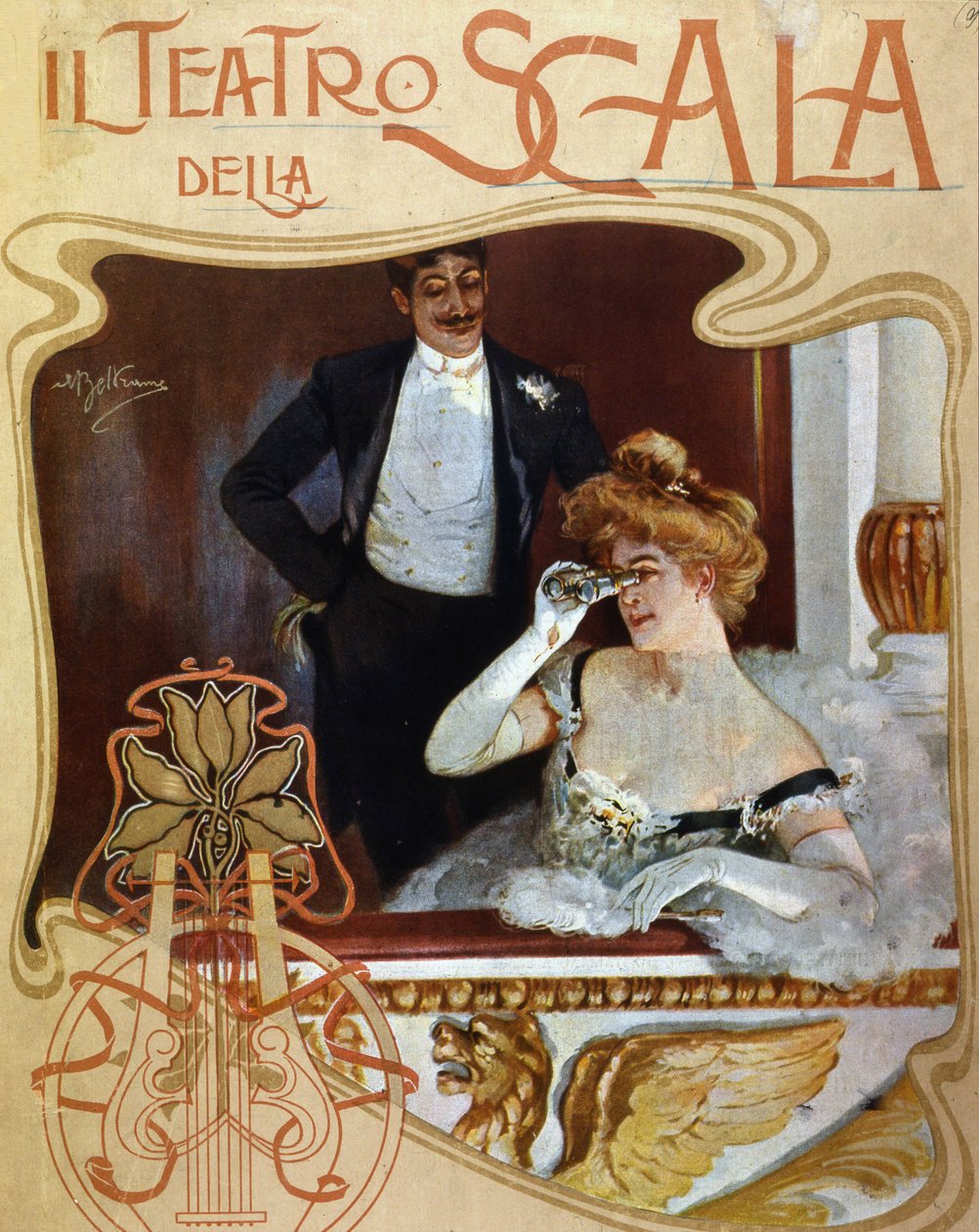 Kilka miejsc w garderobie w Teatro alla Scala. Młoda kobieta obserwuje scenę przez lornetkę. Ilustracja autorstwa Achille Beltrame. autorstwa Achille Beltrame