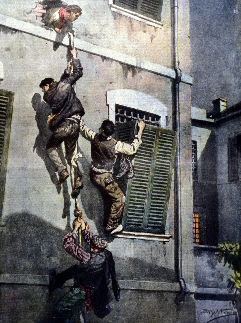 Brawurowa ucieczka czterech więźniów z więzienia Asti po przebiciu się przez ścianę. Rysunek autorstwa Beltrame. Domenica del Corriere. 1902 autorstwa Achille Beltrame