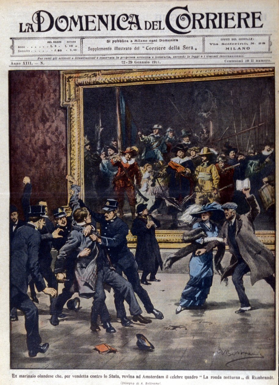 Były holenderski żeglarz próbował splądrować słynny obraz Rembrandta van Rijna (1606-1669), „Runda nocy”. Okładka „La Domenica del corriere”, il. de Beltrame, 01/1911. autorstwa Achille Beltrame