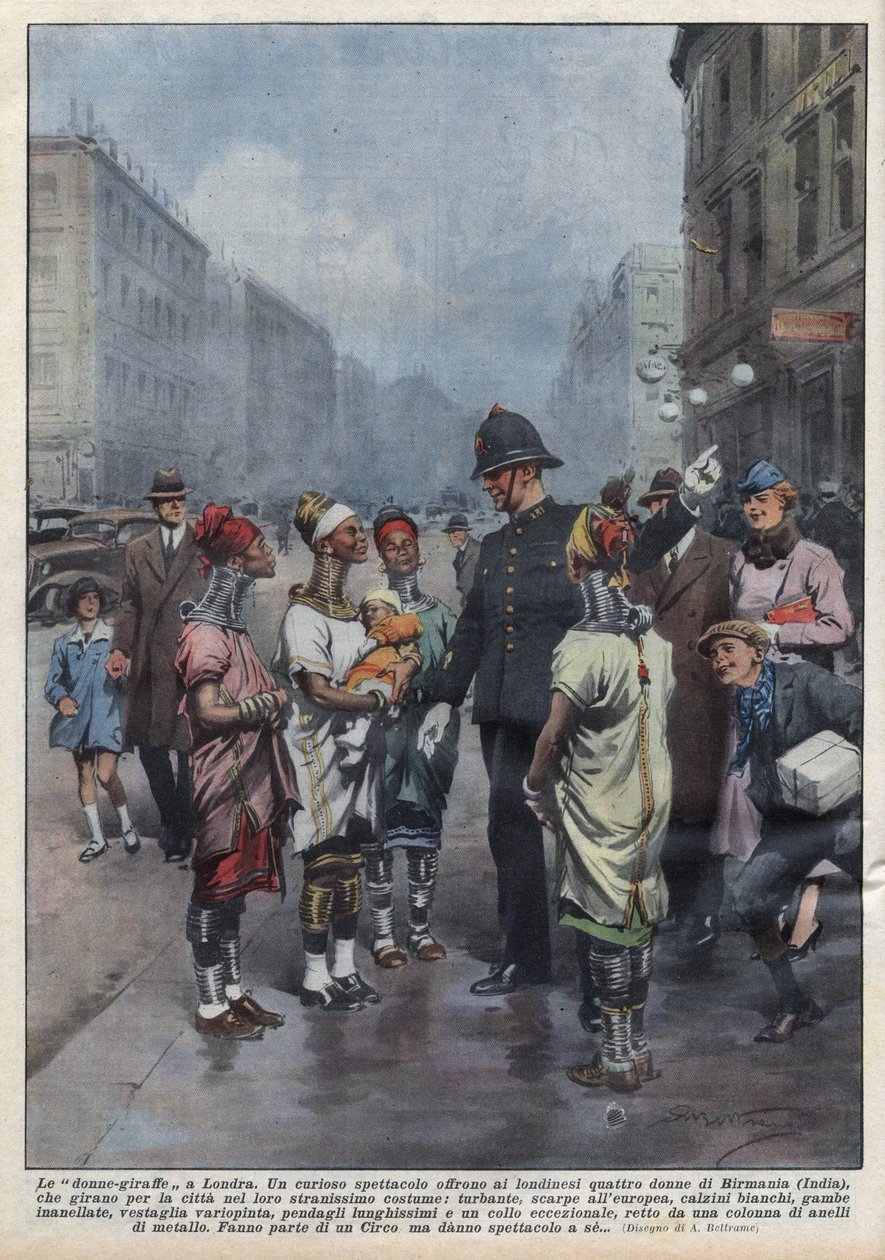 Grupa kobiet-żyraf z Birmy pyta o drogę do angielskiego policjanta (policjanta) w Londynie, ubrane są w turban, tunikę, pierścienie na szyi i nogach. Ilustracja Achille Beltrame w „La domenica del Corriere” z 26.04.1937. autorstwa Achille Beltrame