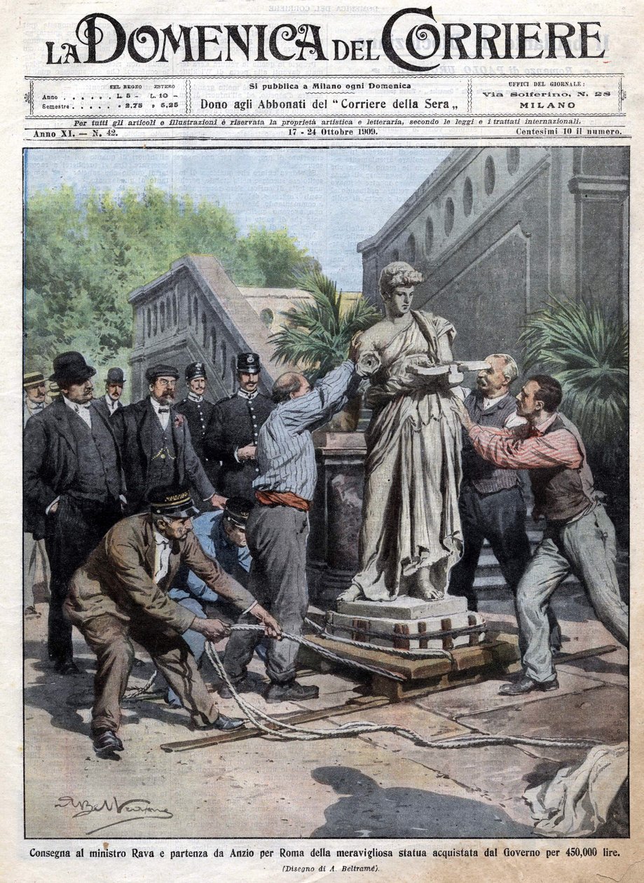 Posąg kupiony przez rząd za 450 tys. lirów zostaje sprowadzony do Rzymu i przekazany ministrowi Ravie. Ill. de Beltrame. Domenica del Corriere. 10/1909. autorstwa Achille Beltrame