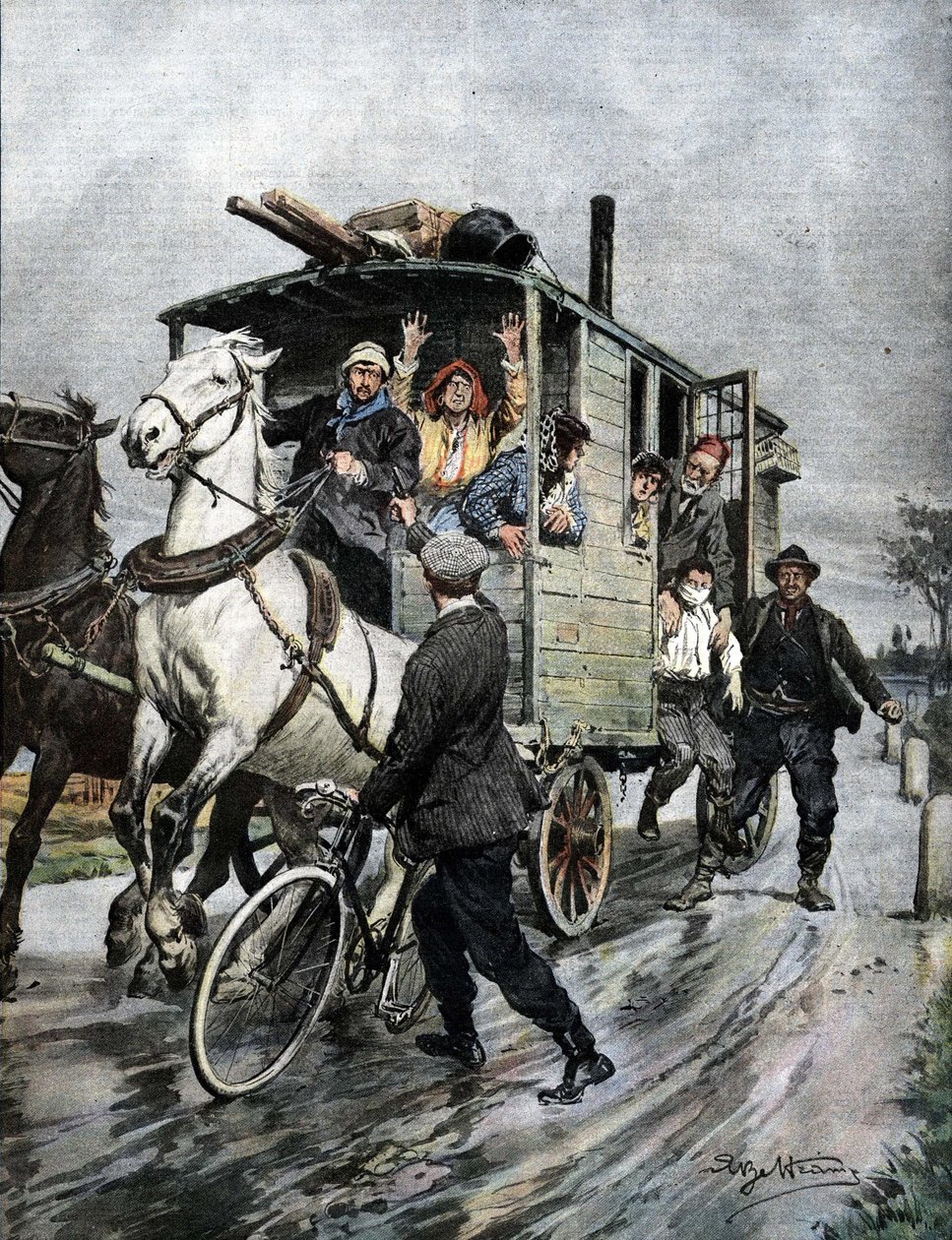 Młody chłopiec został uprowadzony przez grupę Cyganów w pobliżu Cernusco sul Naviglio w rejonie Mediolanu. Chory. de Beltrame. Niedziela Kuriera. 09/1909. autorstwa Achille Beltrame