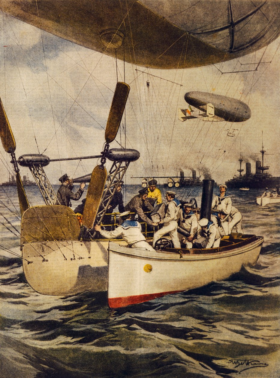 Sterowce zaopatrujące pancerniki podczas ich podróży, Achille Beltrame, ilustracja, Ilustrator Achille Beltrame (1871-1945), z La Domenica del Corriere, 5 maja 1910 autorstwa Achille Beltrame