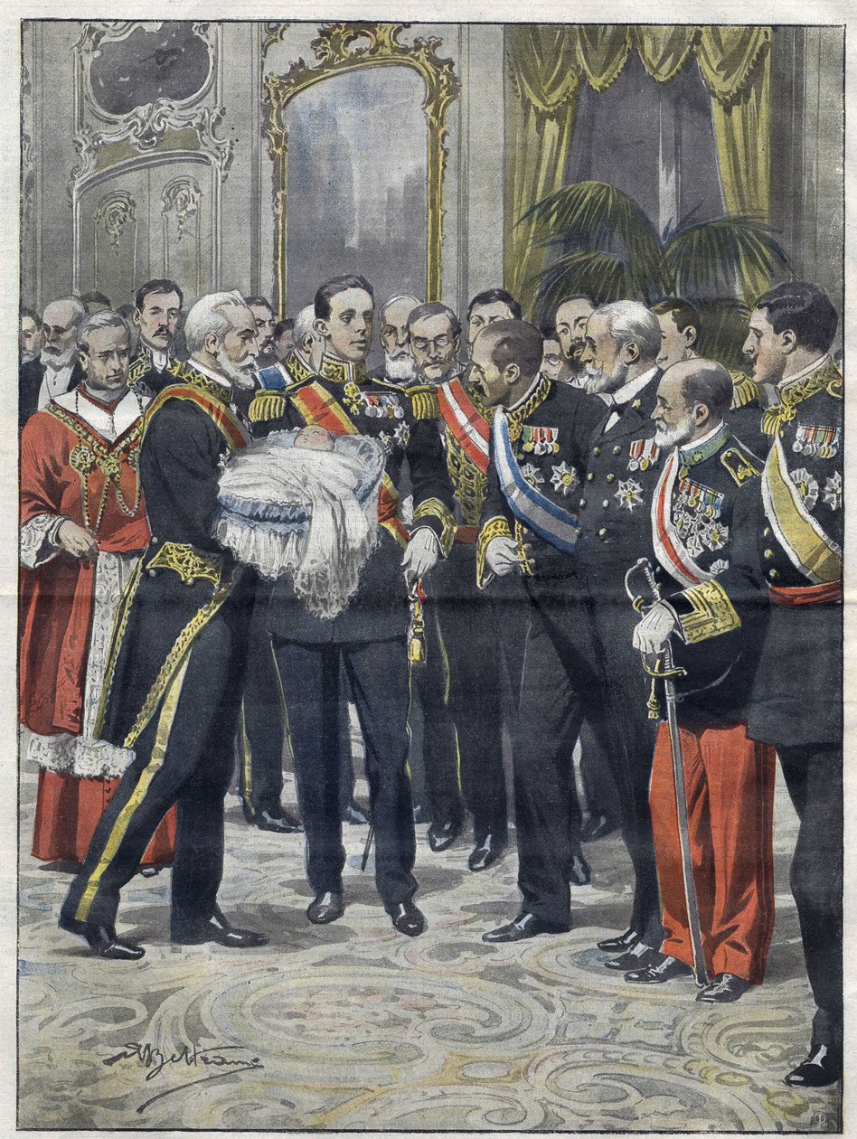 Alfons XIII (1886-1941), król Hiszpanii na ceremonii wręczenia swego syna Alfonsa (1907-1938), hrabiego Covadonga, księcia Asturii. Rysunek Achille Beltrame. od 1907 roku. autorstwa Achille Beltrame
