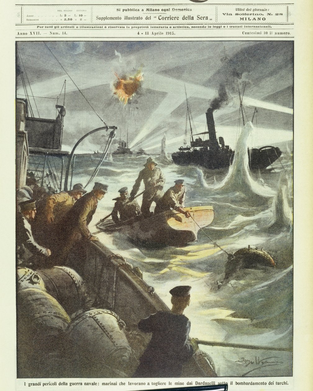 Marynarze sił alianckich próbujący rozbroić miny pod ostrzałem tureckiej artylerii, podczas I wojny światowej 1914-1918 (litografia) autorstwa Achille Beltrame