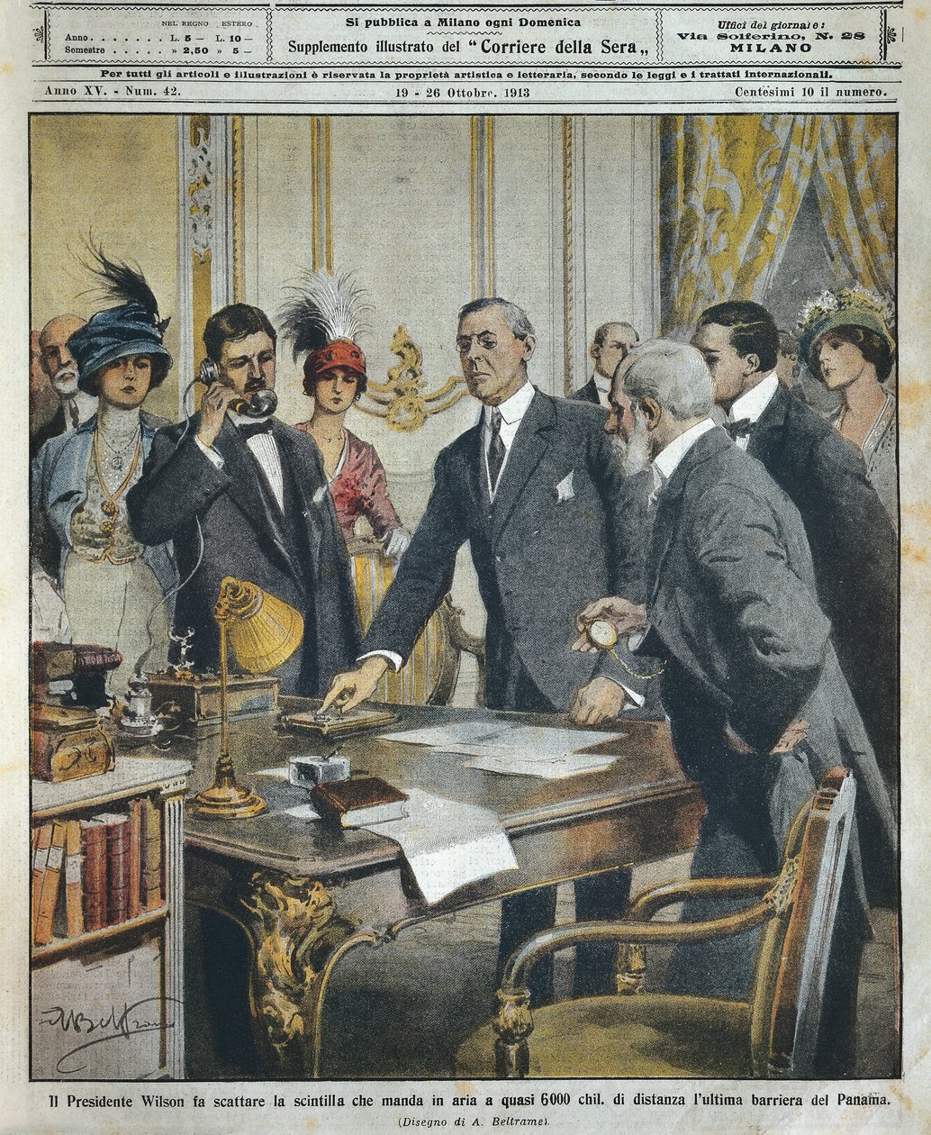 Amerykański prezydent Woodrow Wilson rozpoczyna detonację telegraficznie, która zburzyła ostatnią barierę dla Kanału Panamskiego oddalonego o 6000 kilometrów, przez Achille Beltrame (1871-1945), z La Domenica del Corriere autorstwa Achille Beltrame