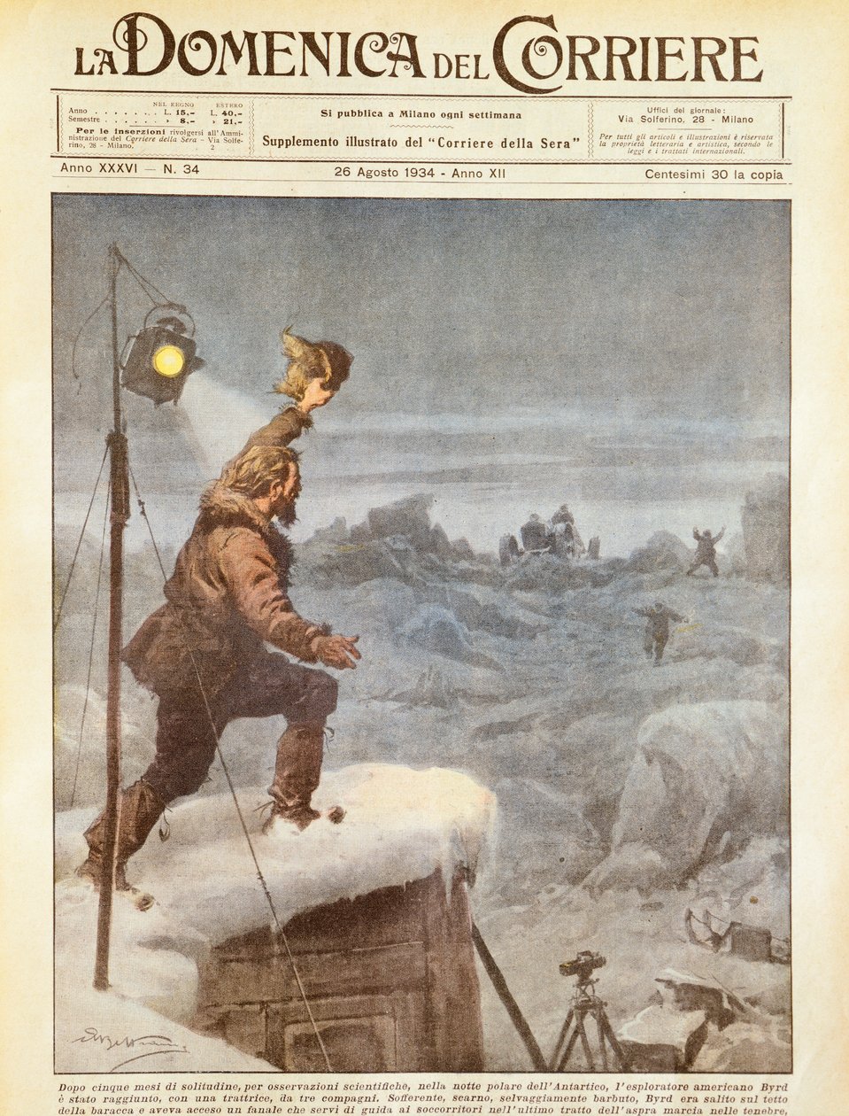 Amerykański odkrywca Richard E Byrd, do którego dołączyli towarzysze na Antarktydzie po pięciu miesiącach samotności, Achille Beltrame, ilustracja, Ilustrator Achille Beltrame (1871-1945), z La Domenica del Corriere, 26 sierpnia 1934 autorstwa Achille Beltrame