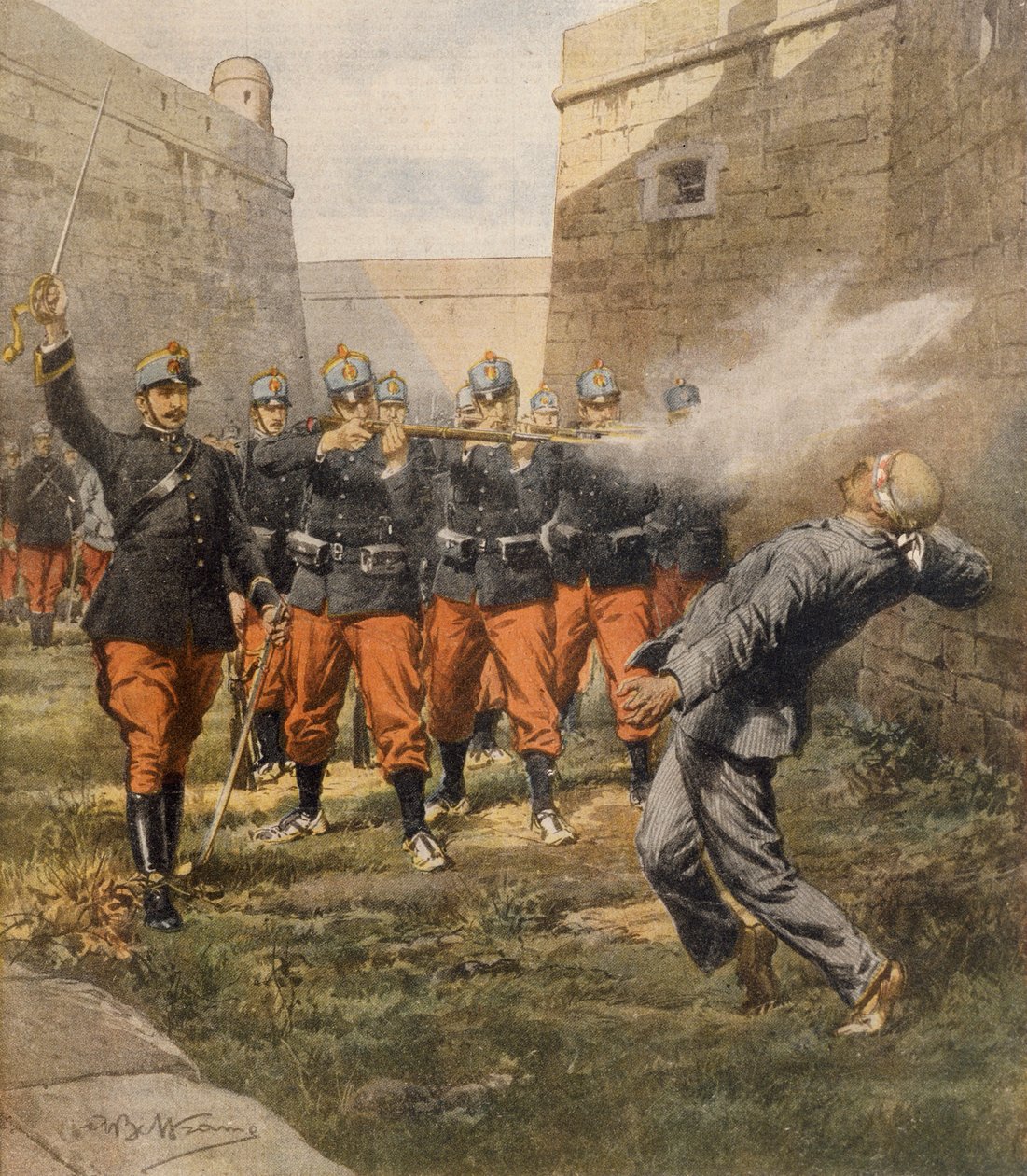 Śmierć anarchisty Francesco Ferrera przez pluton egzekucyjny w więzieniu w Barcelonie, Achille Beltrame, ilustracja, Ilustrator Achille Beltrame (1871-1945), z La Domenica del Corriere, październik 1909 autorstwa Achille Beltrame