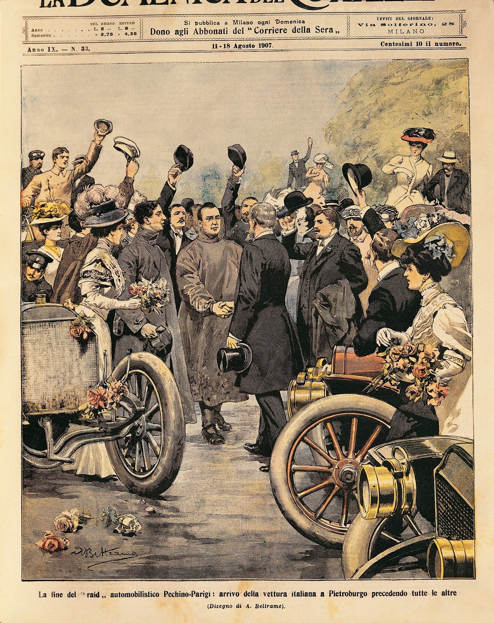Przyjazd do Sankt Petersburga zwycięskiego włoskiego samochodu (Itala 35/45 KM prowadzony przez Scipione Borghese i Ettore Guizzardi), koniec wyścigu Paryż-Pekin, ilustracja Achille Beltrame z La Domenica del Corriere, 11-18 sierpnia autorstwa Achille Beltrame