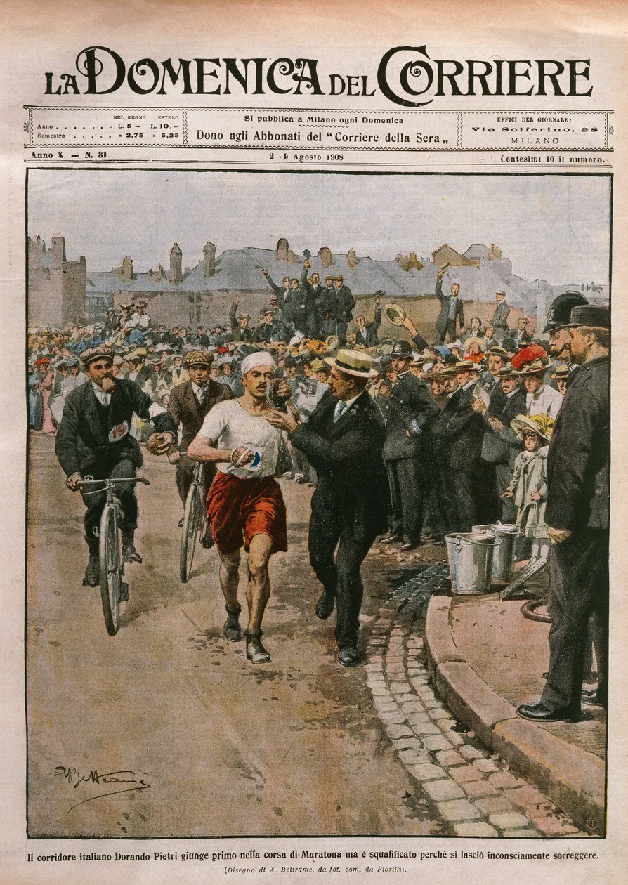 Przybycie Dorando Pietriego (1885-1942) w maratonie, Igrzyska Olimpijskie w Londynie, ilustracja Achille Beltrame z La Domenica del Corriere, 2-9 sierpnia autorstwa Achille Beltrame