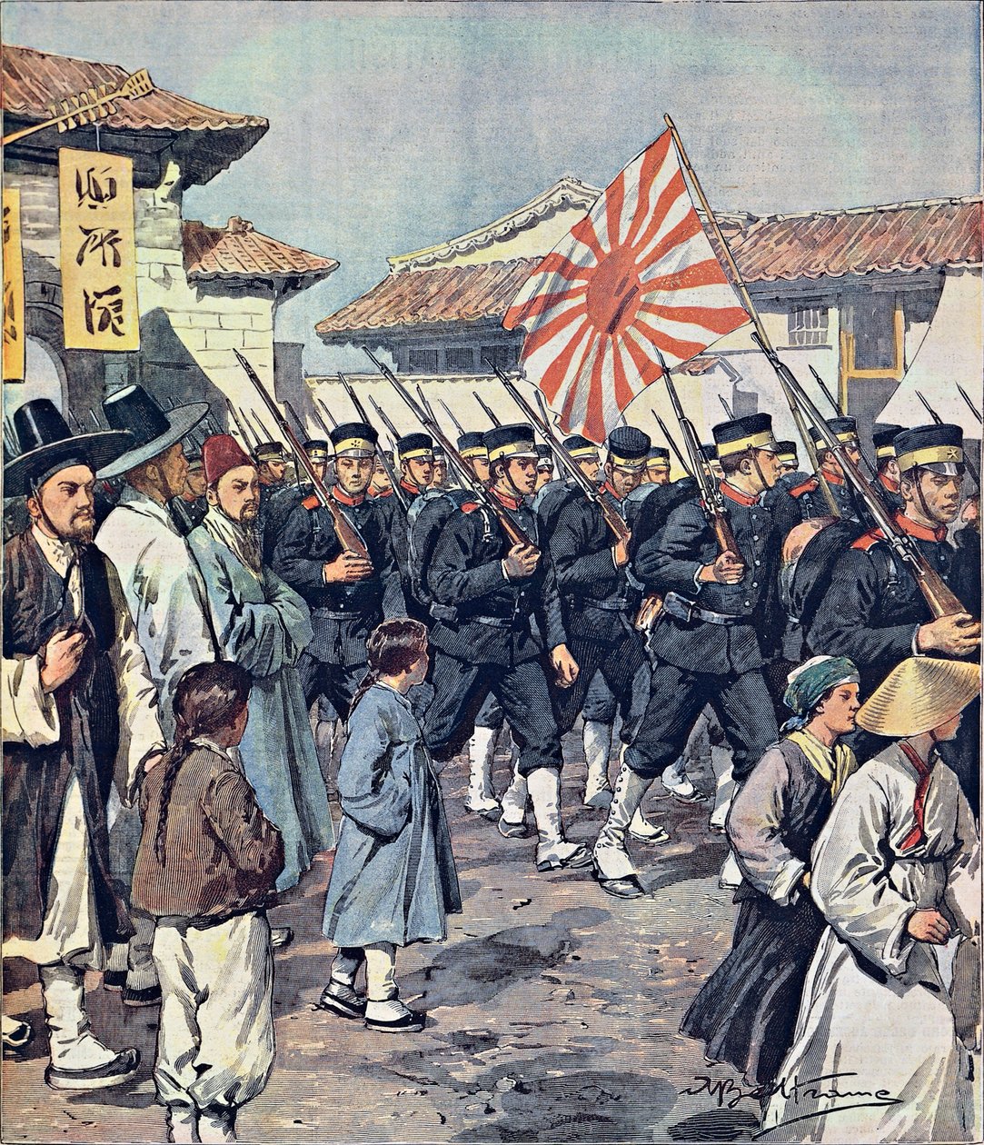 Przybycie wojsk japońskich do Korei, Achille Beltrame (1871-1945), ilustracja z La Domenica del Corriere, 21 lutego autorstwa Achille Beltrame