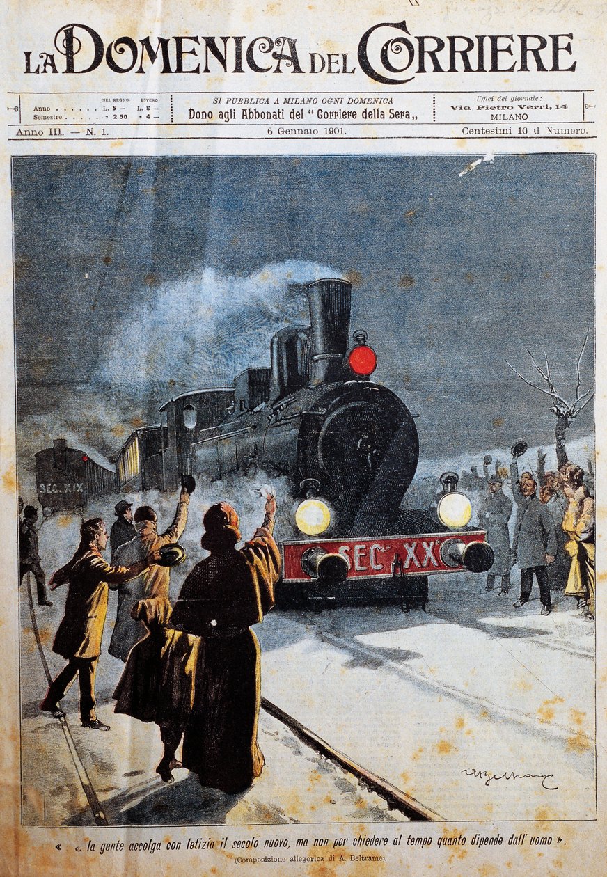 Nadejście nowego stulecia, ludzie witający nowe stulecie z radością, ilustracja Achille Beltrame (1871-1945), z La Domenica del Corriere, 6 stycznia autorstwa Achille Beltrame